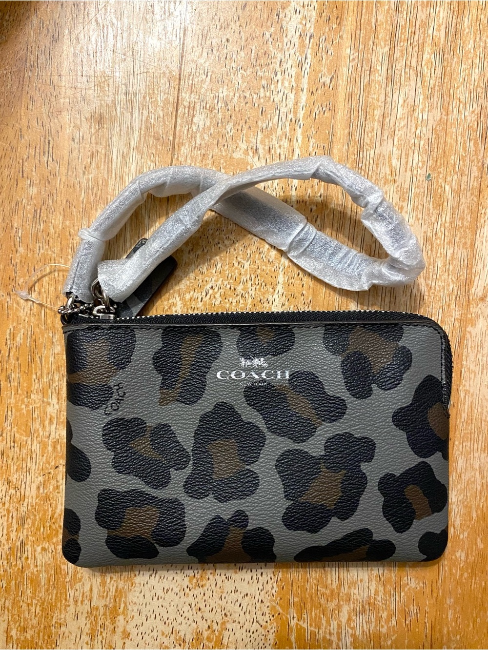 Coach Gray and Black Leopard Print Wristlet Card Holder